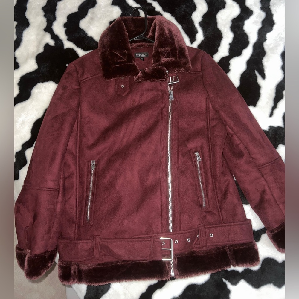 TOPSHOP BURGUNDY SUEDE FAUX FUR JACKET
